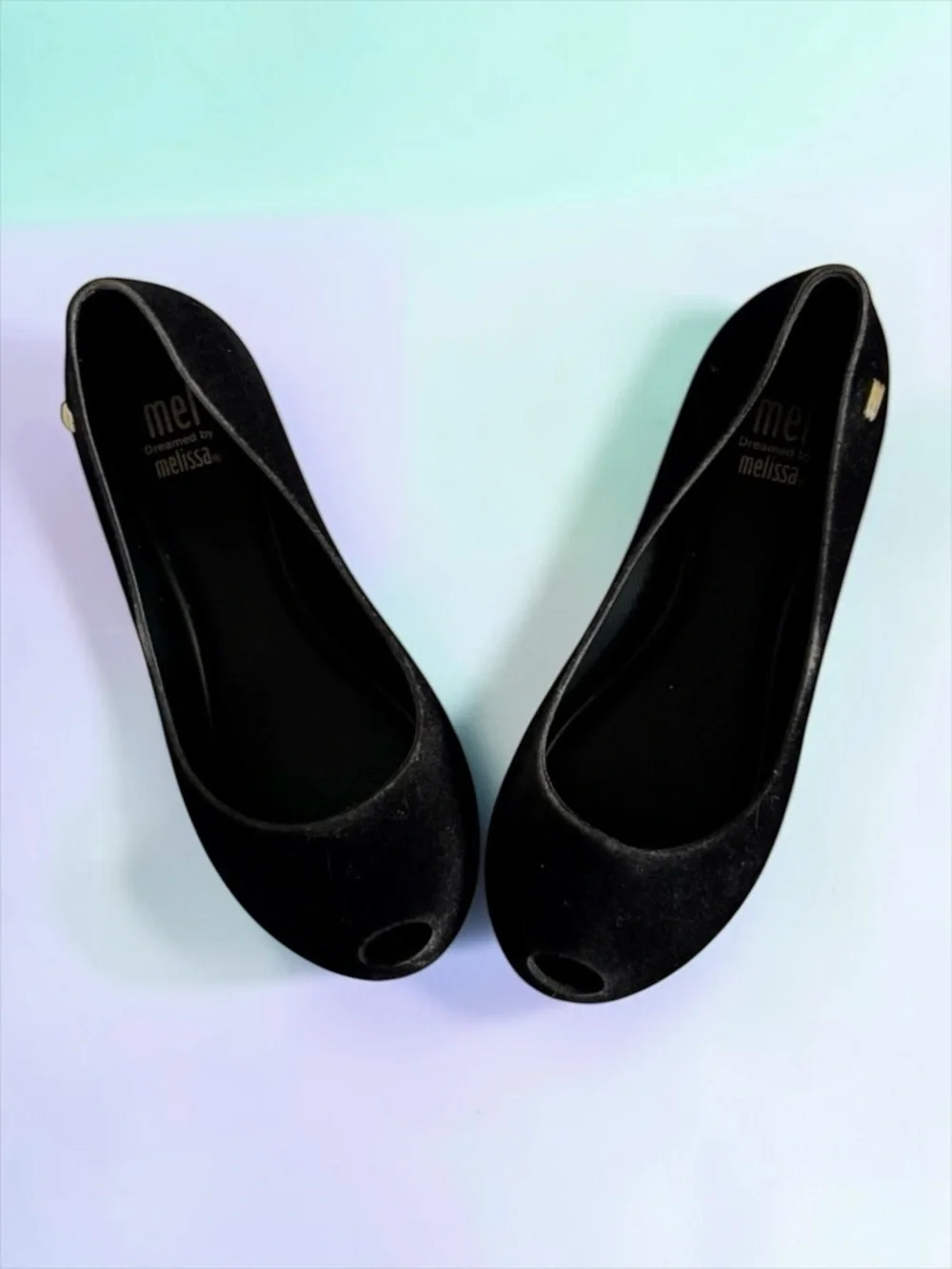Mini Melissa Peep‑Toe Flats Black Velvet Matte Girls Size 13 Like New